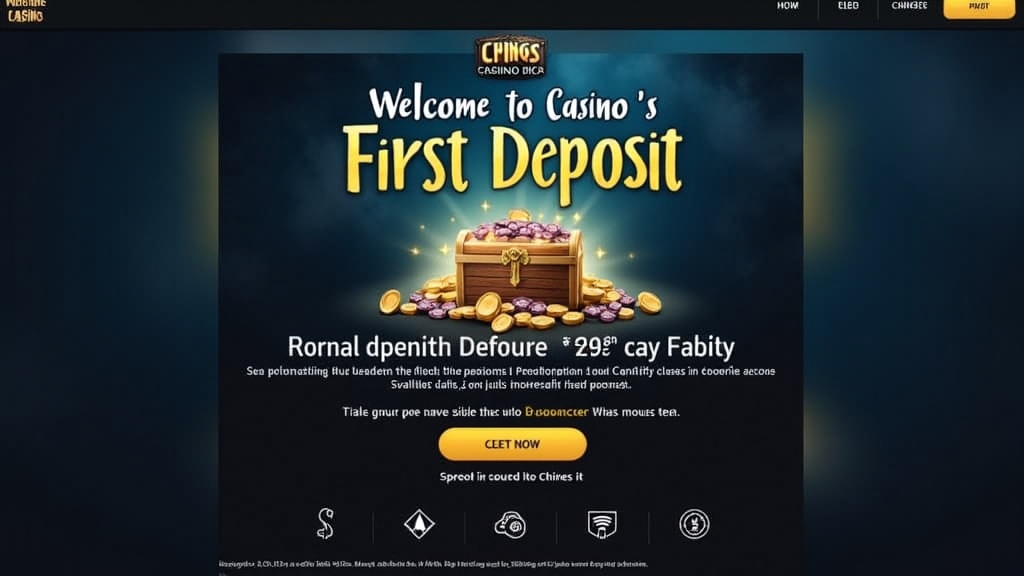 Bono de bienvenida de casino con pantalla de primer depósito y luces doradas