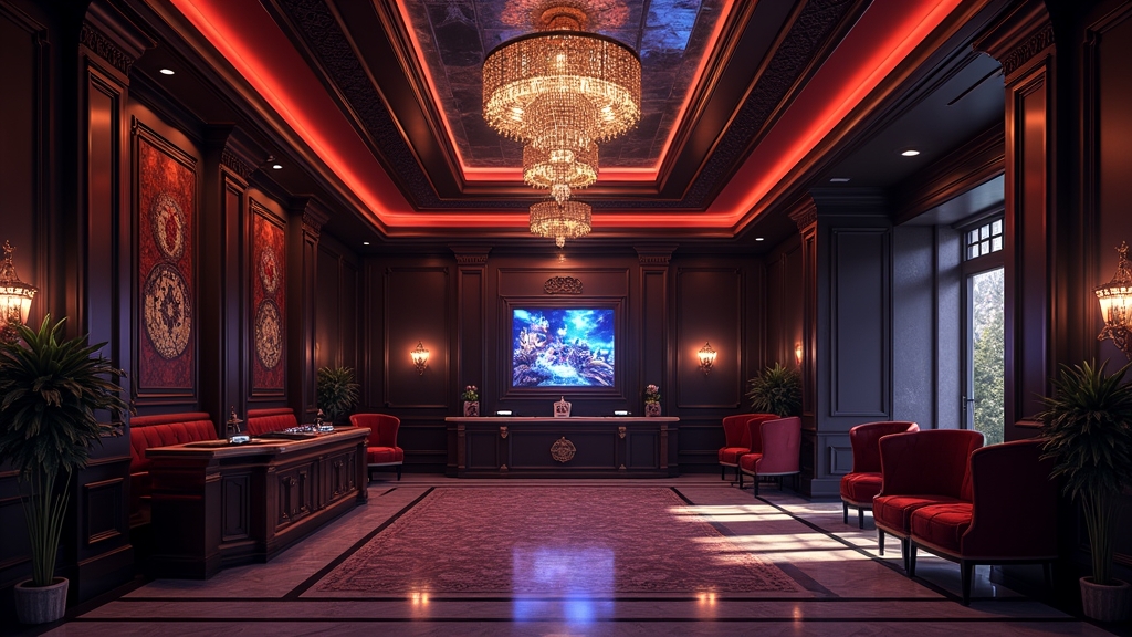 Lobby oscuro tipo mansión con botones de demo y panel de Aviator destacado