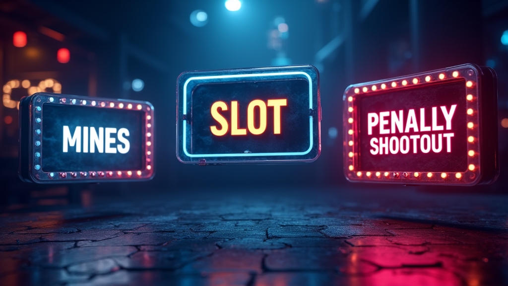 Tres paneles de juegos Rabona: Mines, Slot y Penalty Shootout en fondo oscuro